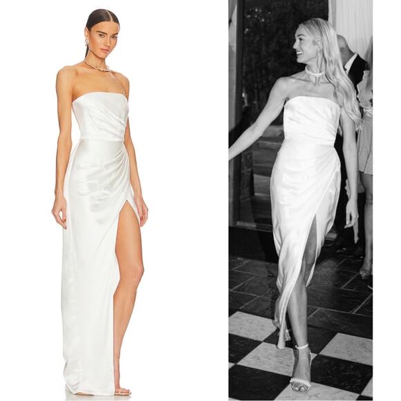 Sau Lee Priyanka Ivory White Strapless Ruched Satin Maxi Dress Size 6 - Picture 3 of 12